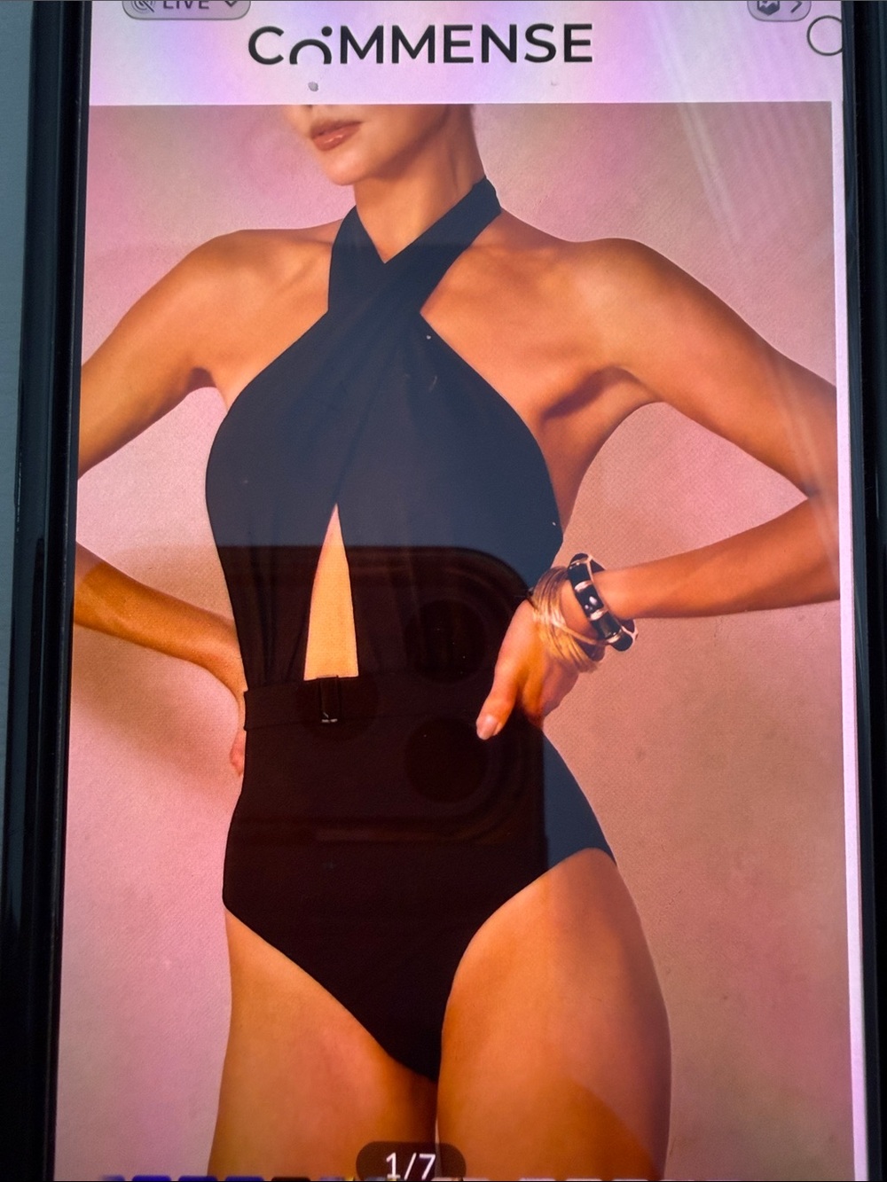 Commense Black Halter One-Piece with Front Cutout and Belt